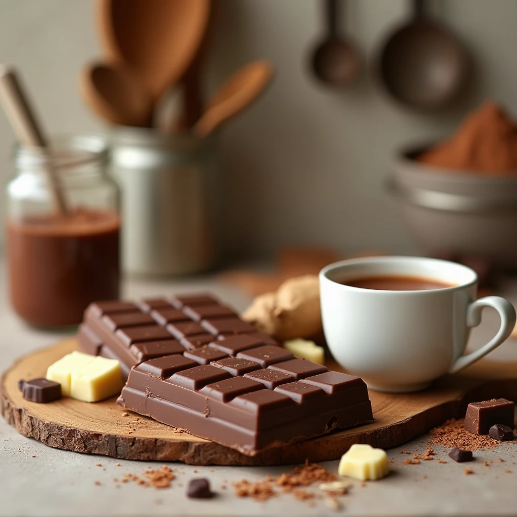 Milk chocolate bars with a cup of cocoa and cocoa powder in a cozy kitchen setting.