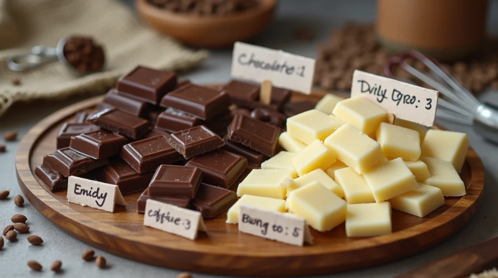 Milk chocolate, dark chocolate, and white chocolate displayed on a wooden platter with caffeine level labels in a cozy kitchen setting.