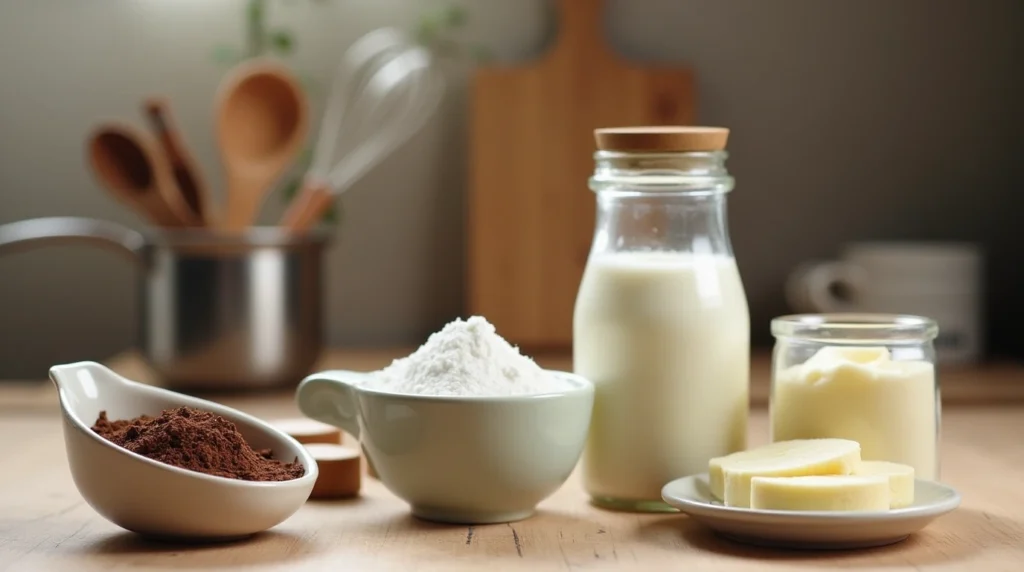 Ingredients of milk chocolate displayed in a cozy kitchen, including cocoa solids, milk powder, sugar, and cocoa butter.