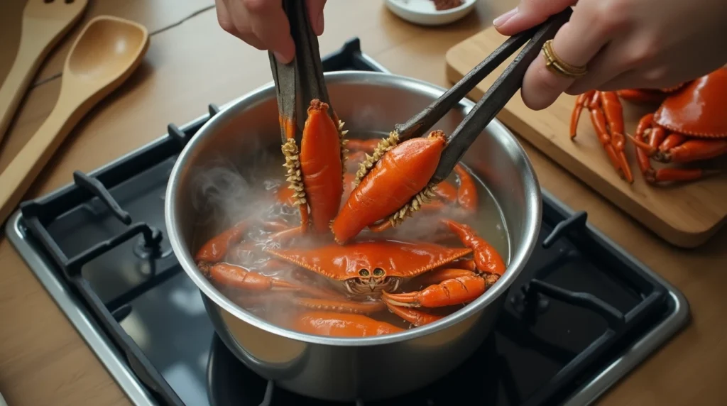 Boiling live crabs in a pot on a stove with visible steam and kitchen utensils nearby.