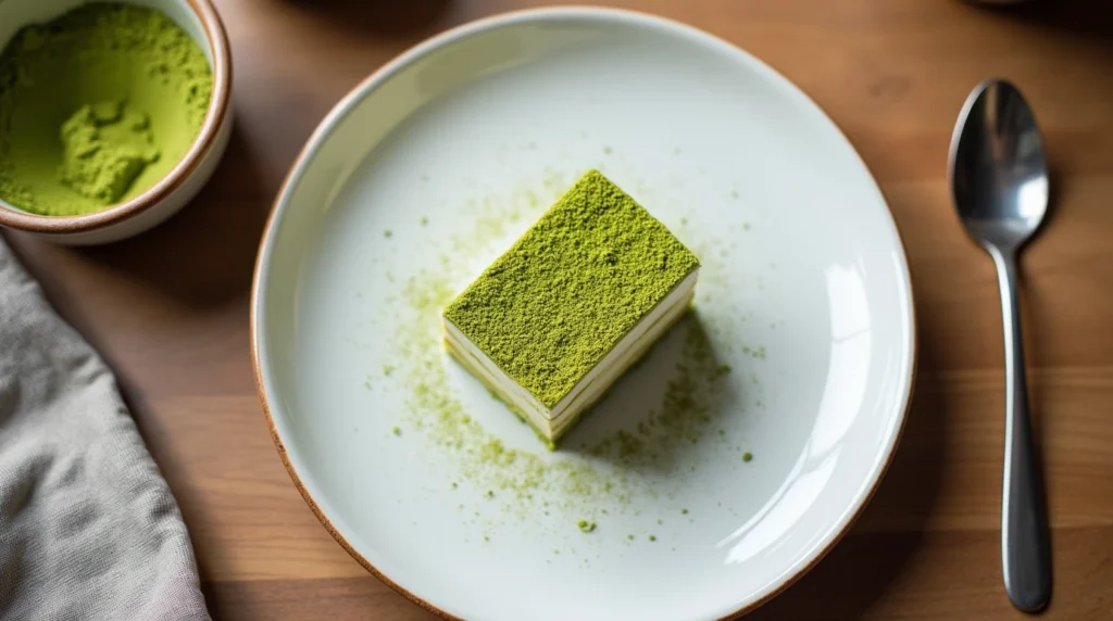Overhead view of a single portion of matcha tiramisu on a white ceramic plate, garnished with sifted matcha powder, with utensils on a wooden countertop