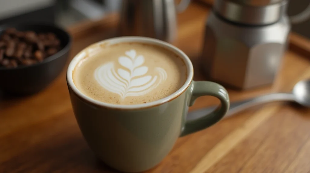 Frothy cup of breve coffee with creamy texture and espresso undertones, surrounded by coffee-making tools.