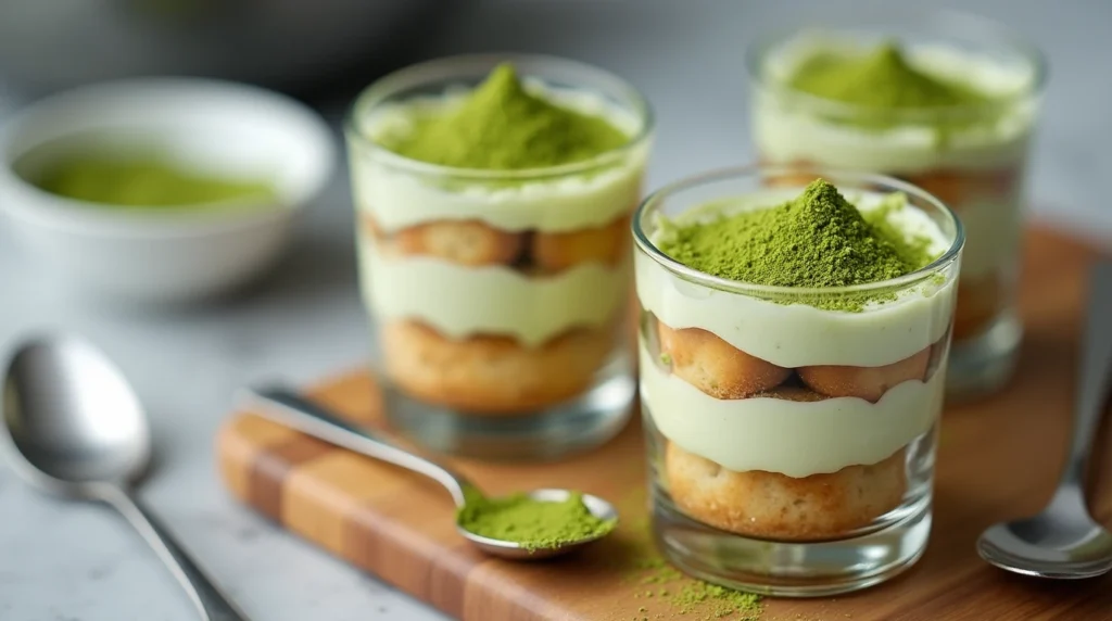 Individual servings of matcha tiramisu in glass cups with layers of cream and ladyfingers, topped with matcha powder on a wooden serving board.