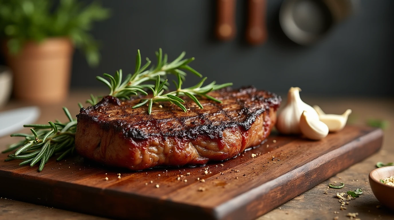 Perfectly cooked Delmonico steak on a rustic wooden board with rosemary and garlic, set in a cozy modern kitchen.
