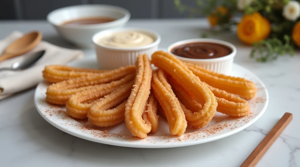 Dessert platter of churros with multiple dipping sauces served in a modern kitchen.