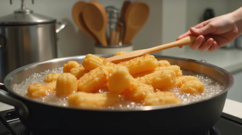 Frozen churros frying in a deep pot of bubbling oil in a modern kitchen setup