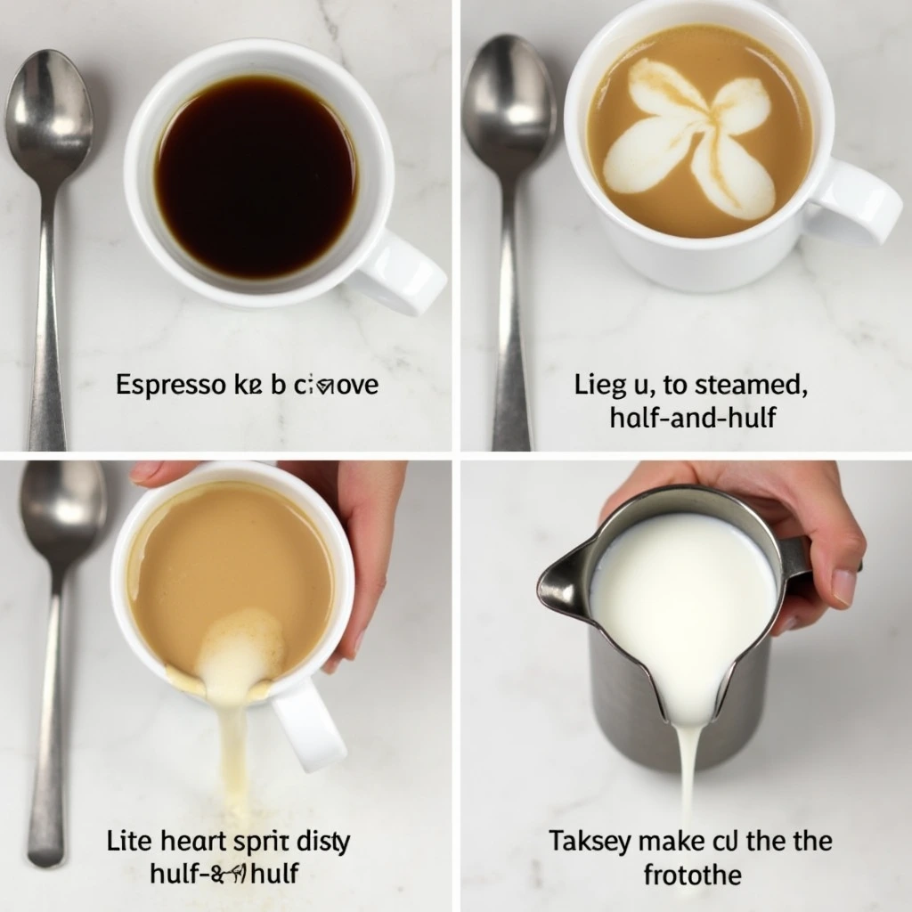 Step-by-step preparation of breve coffee, from brewing espresso to frothing and pouring half-and-half.