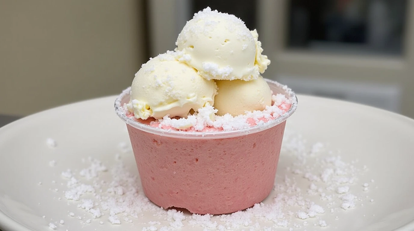 A bowl of pink snow ice cream topped with three scoops of vanilla ice cream and sprinkled with powdered snow.