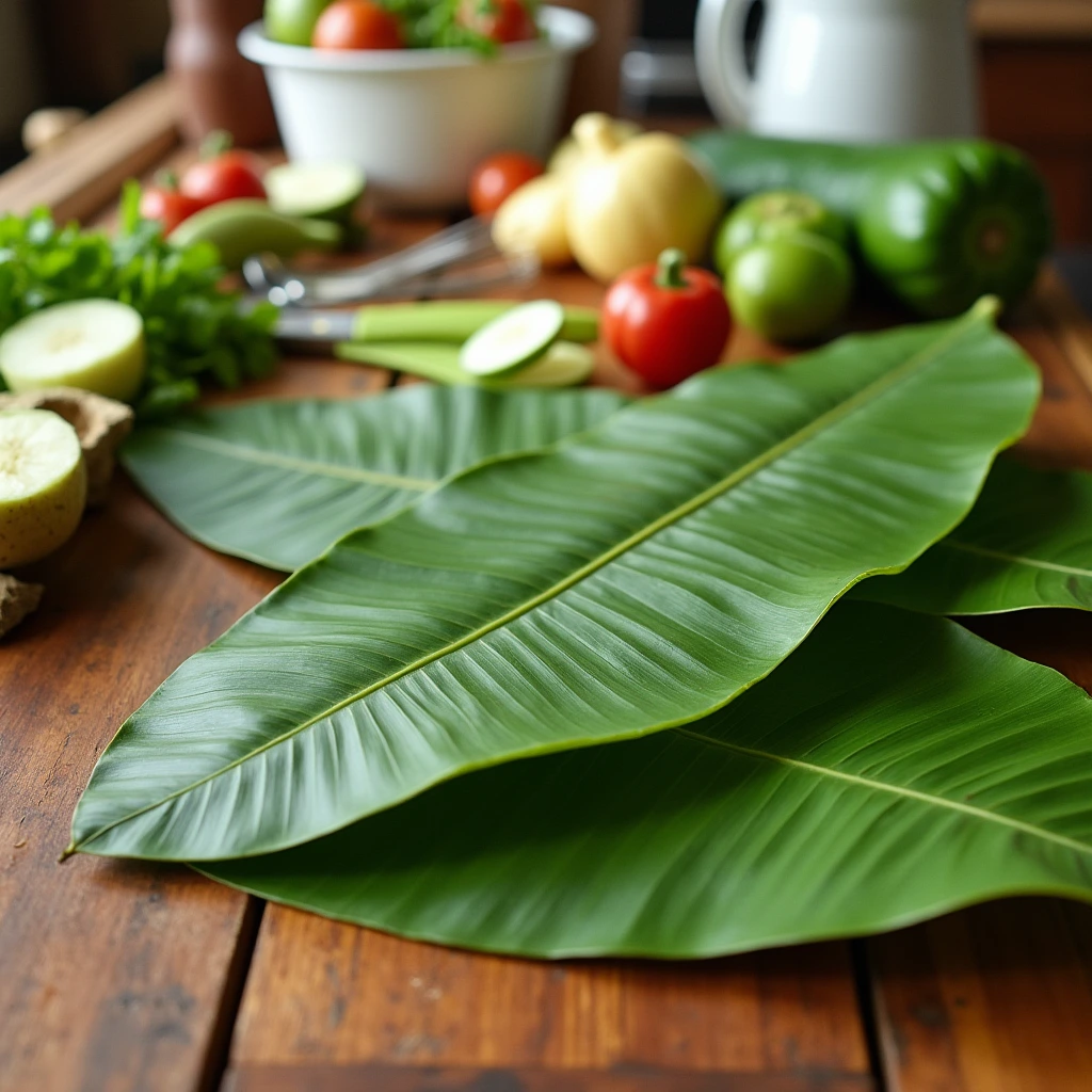 Tropical banana leaves on a wooden countertop with fresh vegetables and eco-friendly utensils.