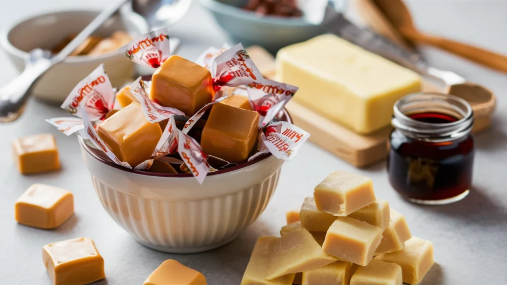 bowl of classic and chewy butterscotch candies with butter and molasses in a cozy kitchen setting.