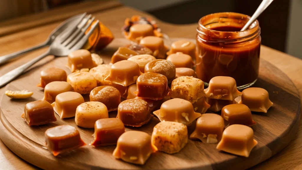 A rustic display of various butterscotch candy creations with nuts, spices, and sauce.
