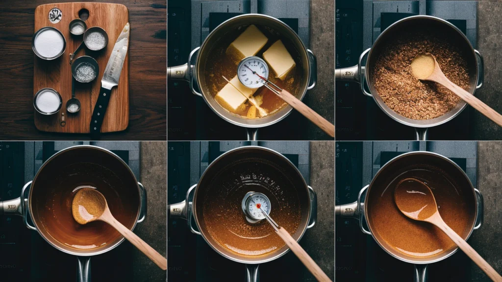 A saucepan of butterscotch candy cooking with a candy thermometer in a warm, rustic kitchen.