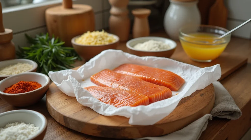 Fresh fish fillets being prepared for frying with flour, cornmeal, and seasoning on a rustic kitchen counter.