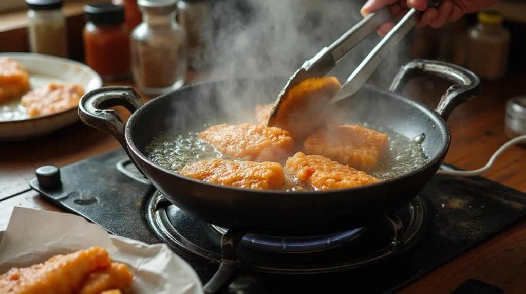 Fish fillets frying in hot oil with a thermometer monitoring the temperature on a rustic stovetop.