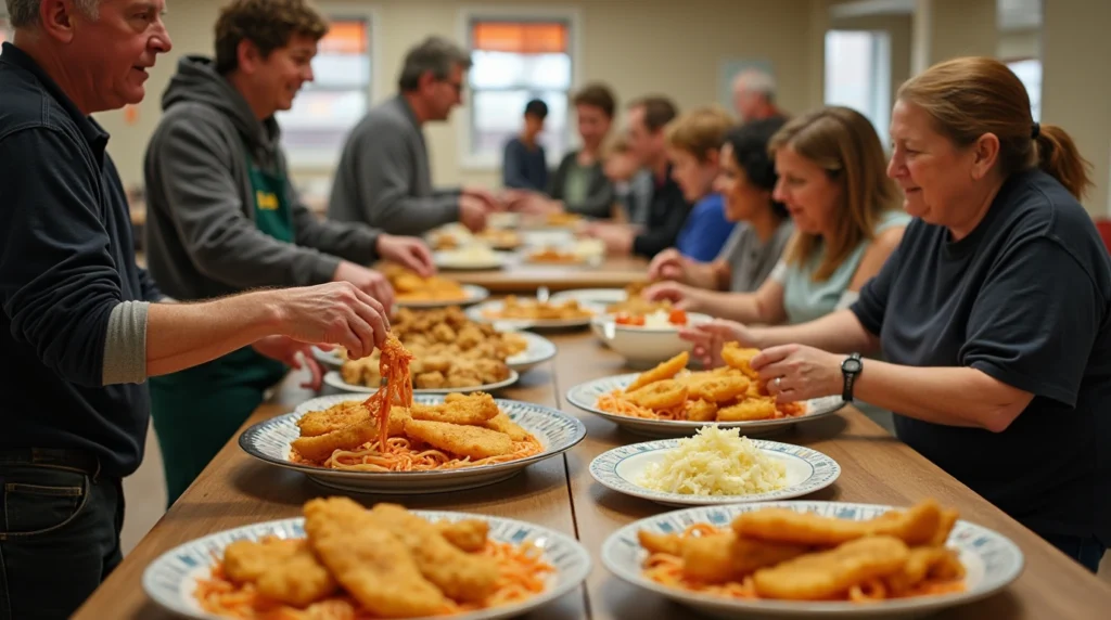 A bustling community fish fry event with people enjoying plates of fried fish, spaghetti, and coleslaw in a warm, social setting.