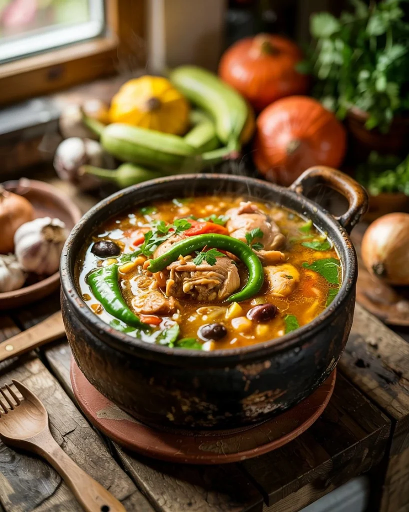 Asopao de pollo simmering in a rustic clay pot with tropical vegetables and herbs
