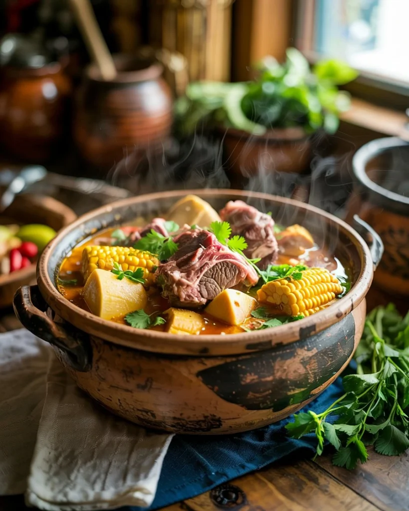 Traditional Puerto Rican sancocho with root vegetables and beef in a rustic clay pot