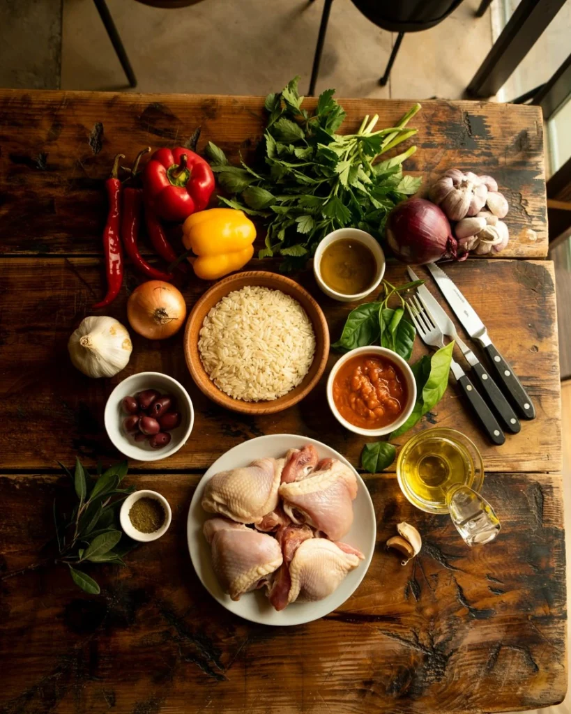 Ingredients for Puerto Rican asopao de pollo displayed on a rustic kitchen table