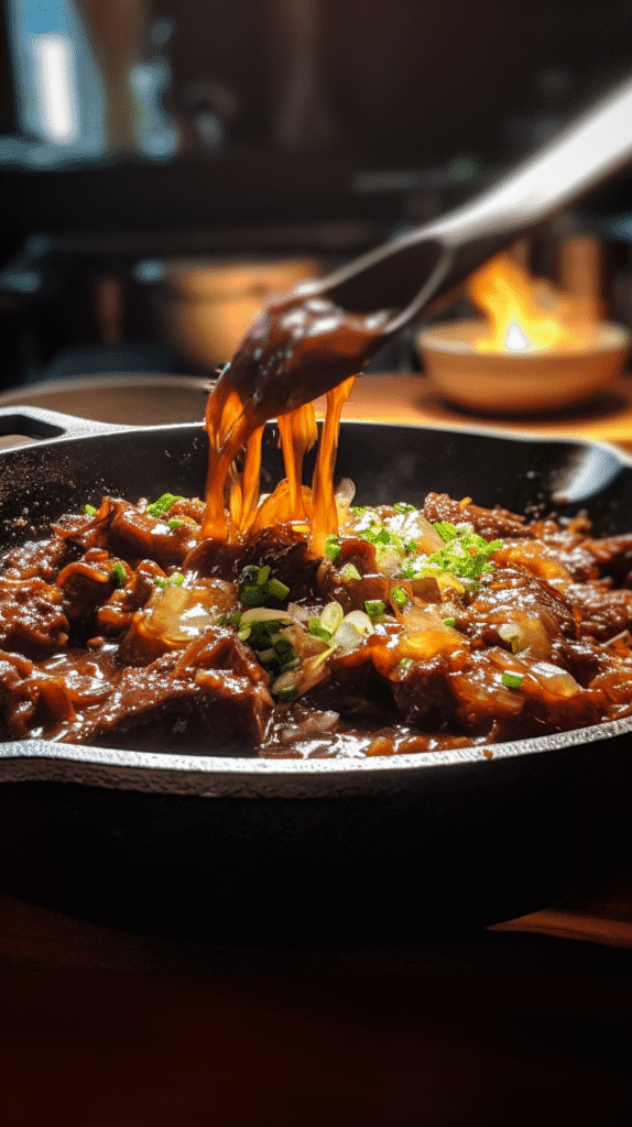 Vertical close-up of Mongolian beef cooking in a skillet, bubbling sauce and steam in a rustic kitchen.
