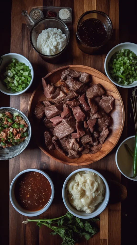 Vertical shot of Mongolian beef ingredients including steak, garlic, soy sauce, and ginger on a rustic wood counter.
